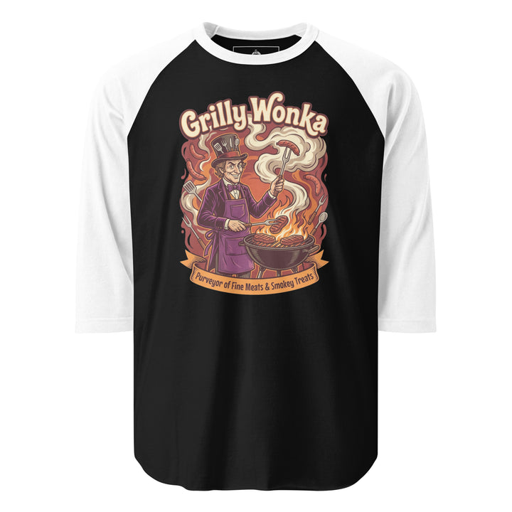 Grilly Wonka funny BBQ graphic tee — Willy Wonka-inspired character in purple top hat holding sausage over open flames, Purveyor of Fine Meats and Smokey Treats banner