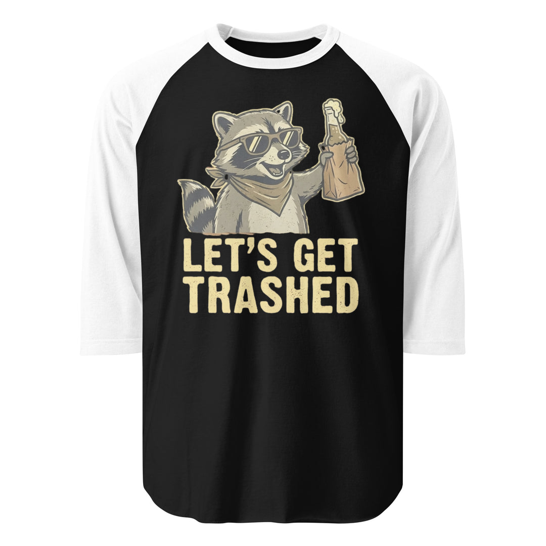 Let's Get Trashed funny drinking graphic tee — raccoon in sunglasses holding a beer bottle in paper bag, bold LET'S GET TRASHED text on black tee