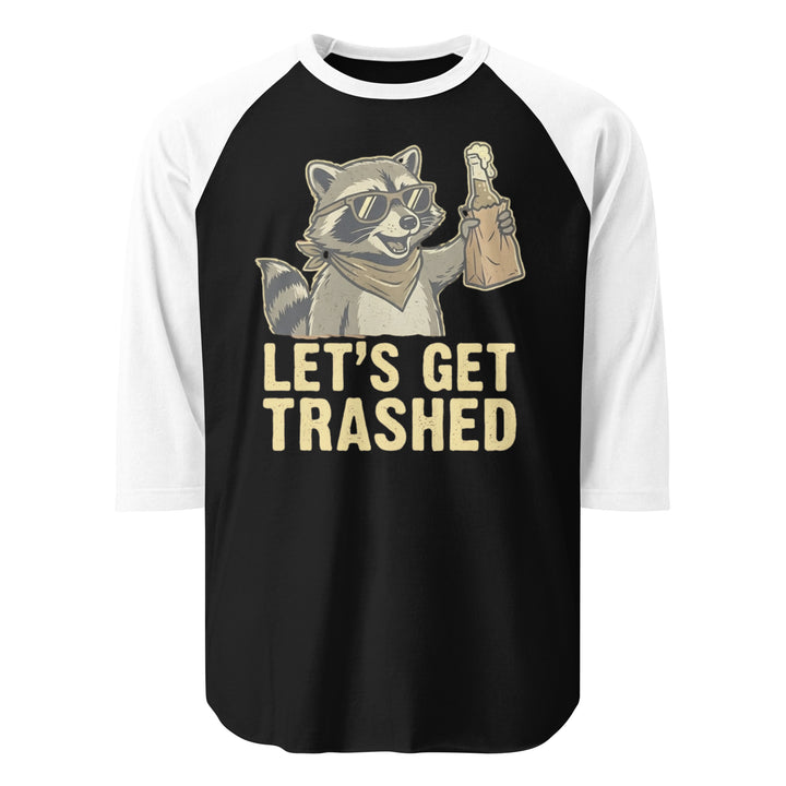 Let's Get Trashed funny drinking graphic tee — raccoon in sunglasses holding a beer bottle in paper bag, bold LET'S GET TRASHED text on black tee
