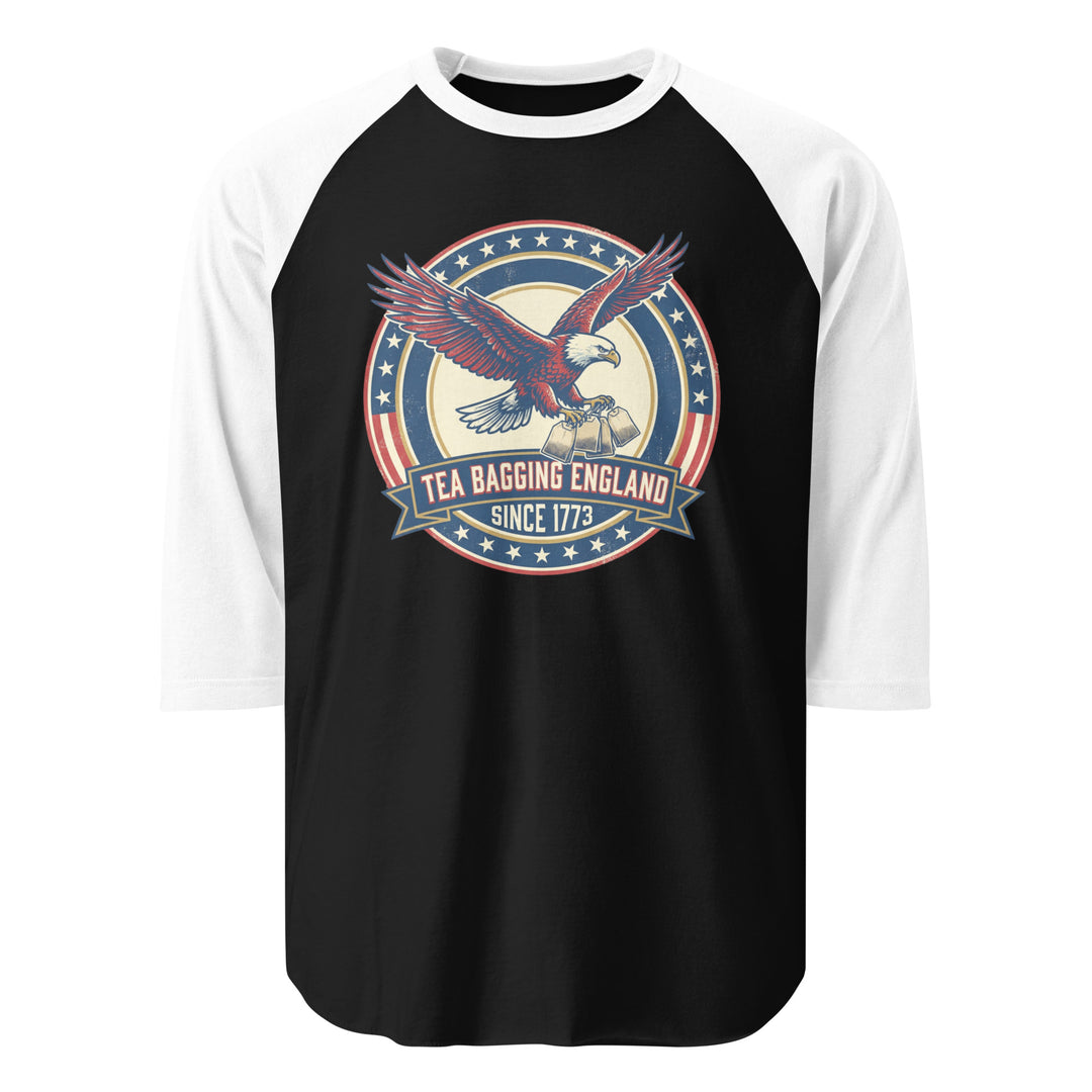 Tea Bagging England Since 1773 funny 4th of July graphic tee — bald eagle carrying tea bags inside patriotic stars and stripes ring