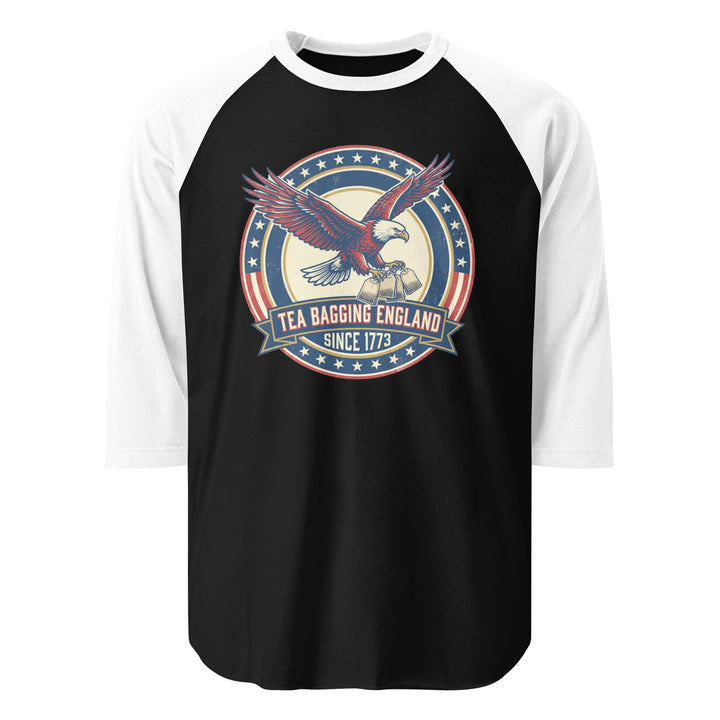 Tea Bagging England Since 1773 funny 4th of July graphic tee — bald eagle carrying tea bags inside patriotic stars and stripes ring