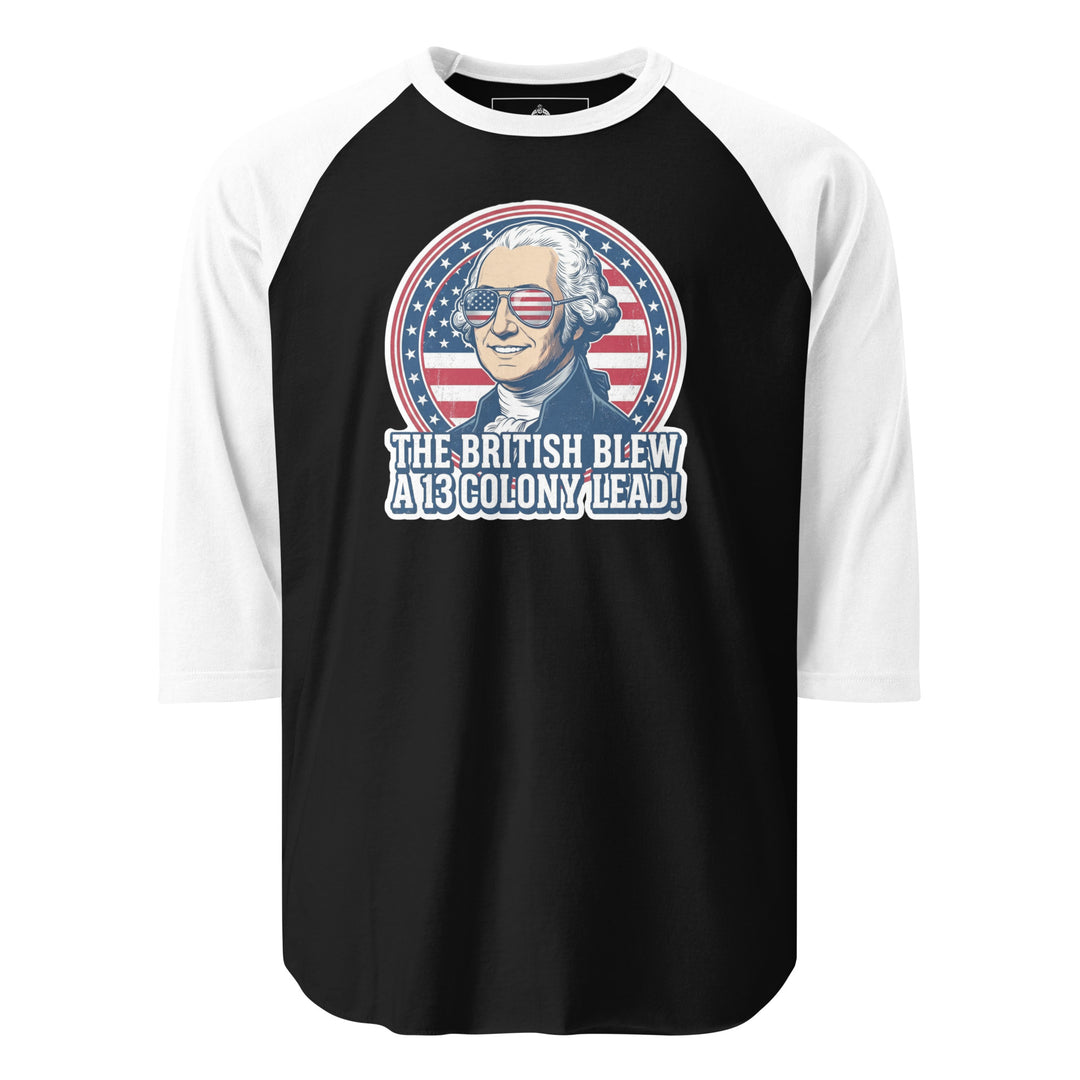The British Blew A 13 Colony Lead funny 4th of July graphic — George Washington smiling in American flag aviator sunglasses