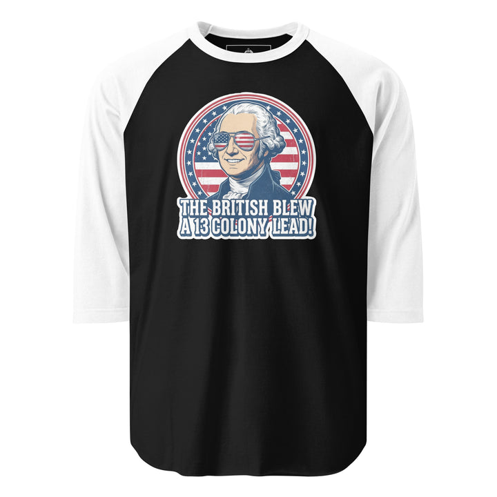 The British Blew A 13 Colony Lead funny 4th of July graphic — George Washington smiling in American flag aviator sunglasses