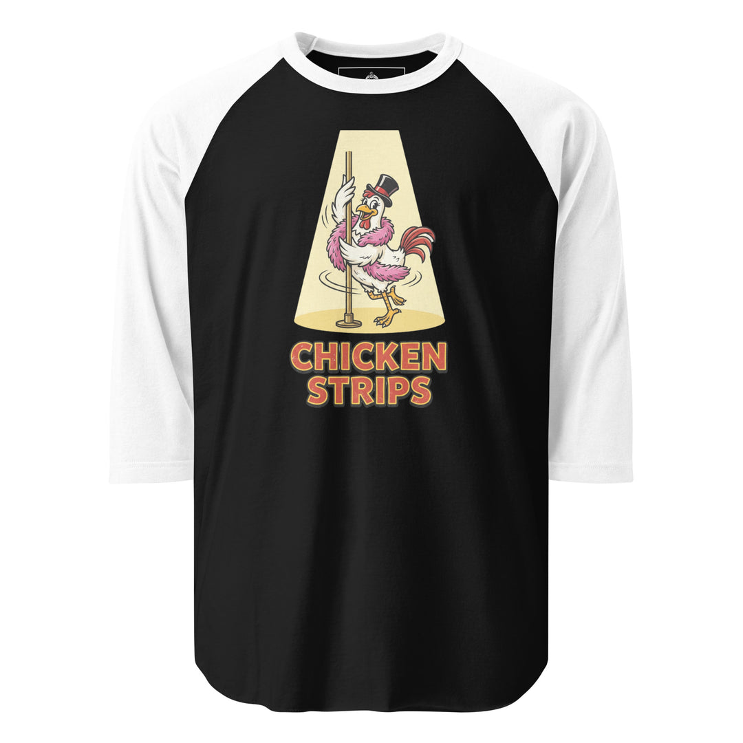 Chicken Strips funny pun graphic tee — cartoon chicken in top hat and pink feather boa pole dancing in a golden spotlight