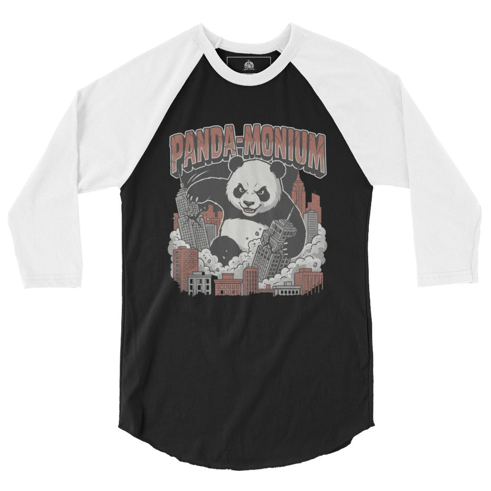 Panda-monium funny graphic tee — giant kaiju panda destroying city skyscrapers in vintage monster movie style