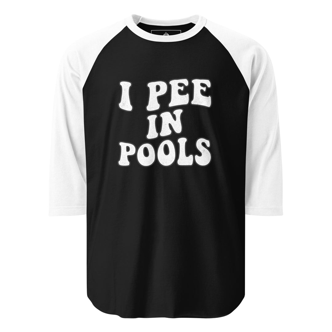 I Pee In Pools funny summer graphic tee — bold groovy white text reading I PEE IN POOLS on black shirt