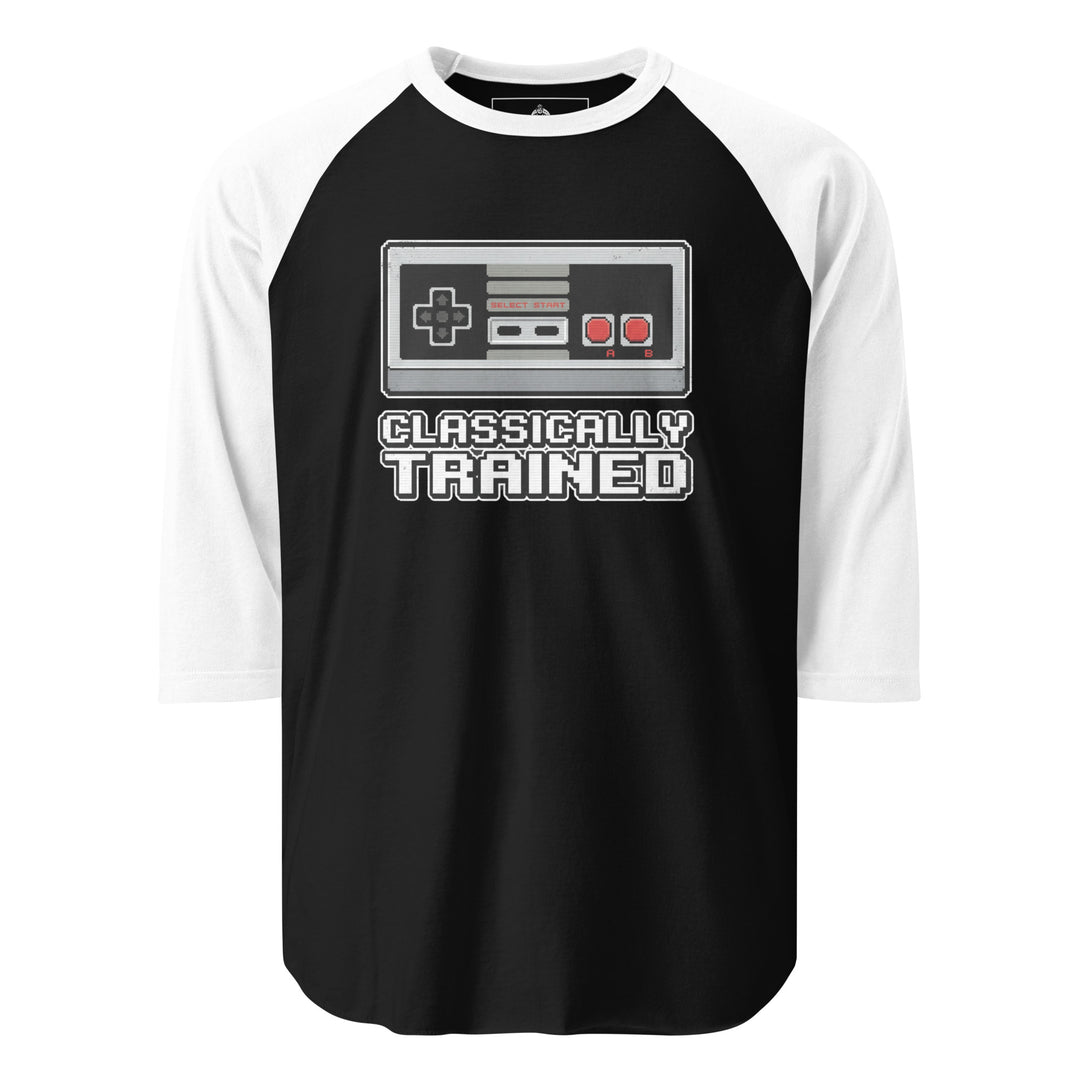 Classically Trained retro gamer graphic tee — 8-bit style NES controller with pixel CLASSICALLY TRAINED text
