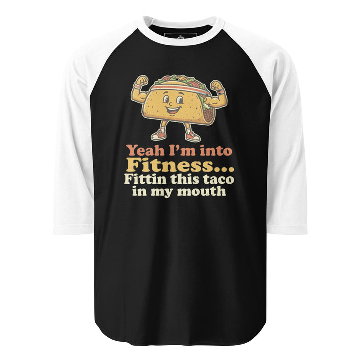 Yeah I'm Into Fitness Fittin This Taco In My Mouth funny graphic tee — flexing cartoon taco wearing a sweatband and sneakers