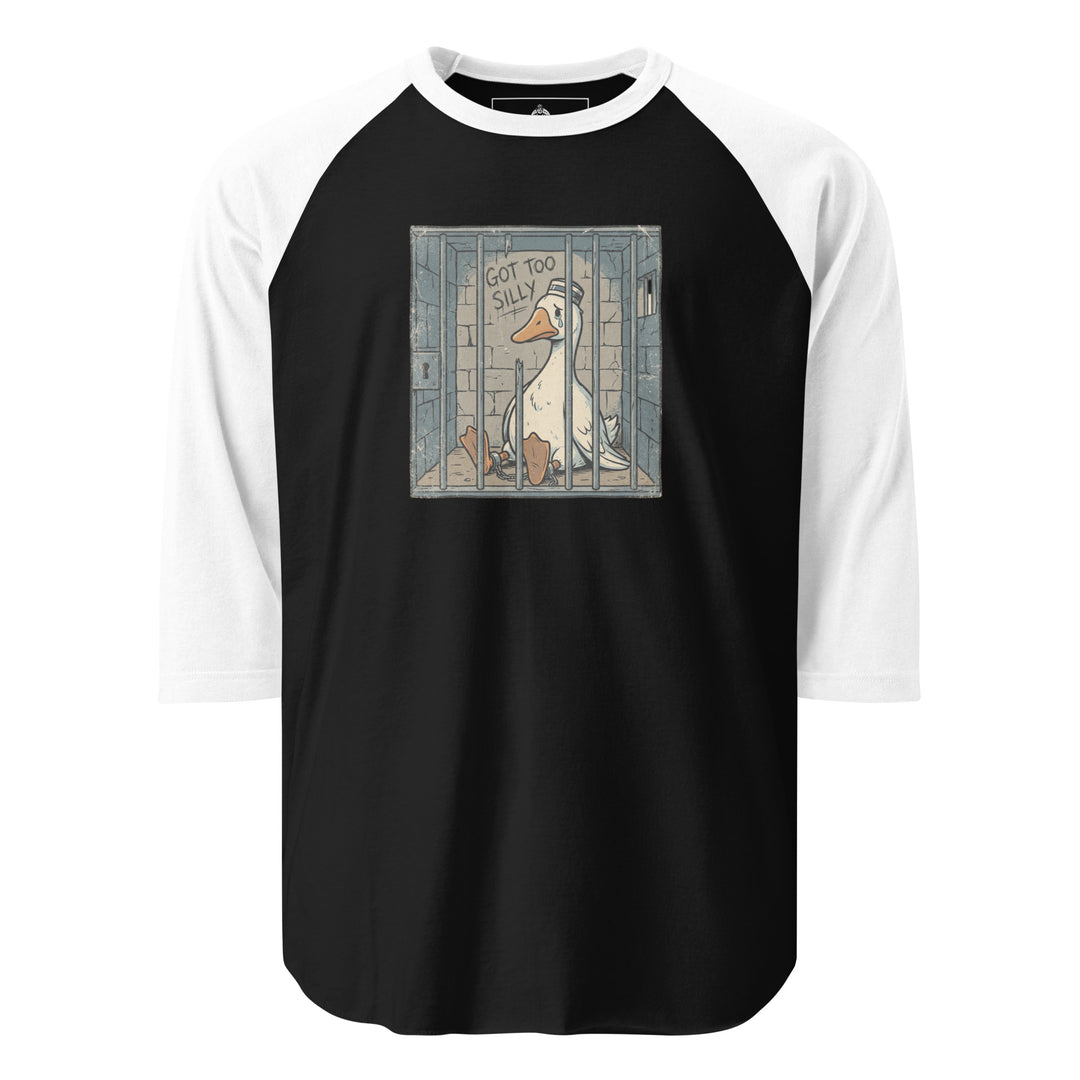 Got Too Silly funny meme graphic tee — sad cartoon goose in a jail cell wearing a prisoner cap with GOT TOO SILLY graffiti on the wall