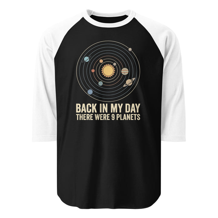 Back In My Day There Were 9 Planets funny graphic tee — vintage solar system diagram with sun, orbit rings, and all nine planets including Pluto