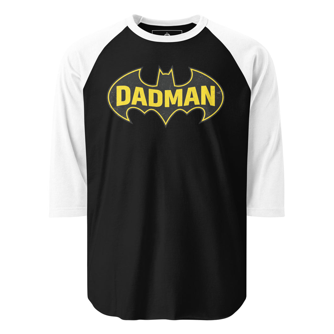Dadman funny dad superhero graphic tee — yellow and black bat symbol parody with bold DADMAN text