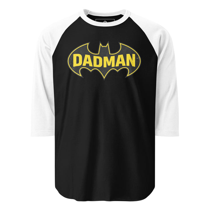 Dadman funny dad superhero graphic tee — yellow and black bat symbol parody with bold DADMAN text