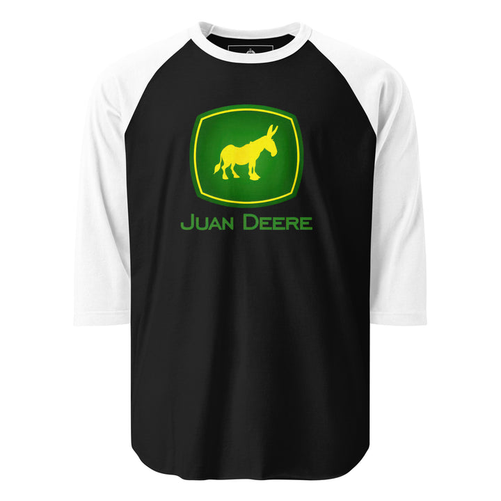 Juan Deere — a John Deere logo parody with a yellow donkey in place of the deer, reading Juan Deere, printed on a 3/4 sleeve raglan shirt.