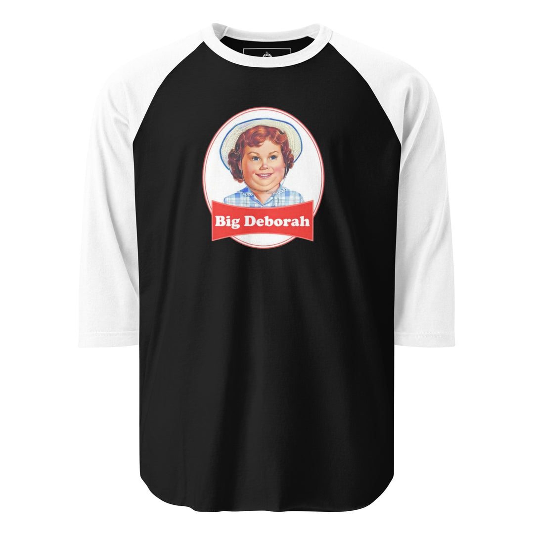 Big Deborah — a Little Debbie style snack-cake logo with a smiling girl in a straw hat, renamed Big Deborah, printed on a 3/4 sleeve raglan shirt.
