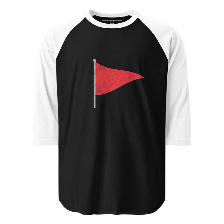 Red Flag — a single distressed red pennant flag on a pole, printed on a 3/4 sleeve raglan shirt.
