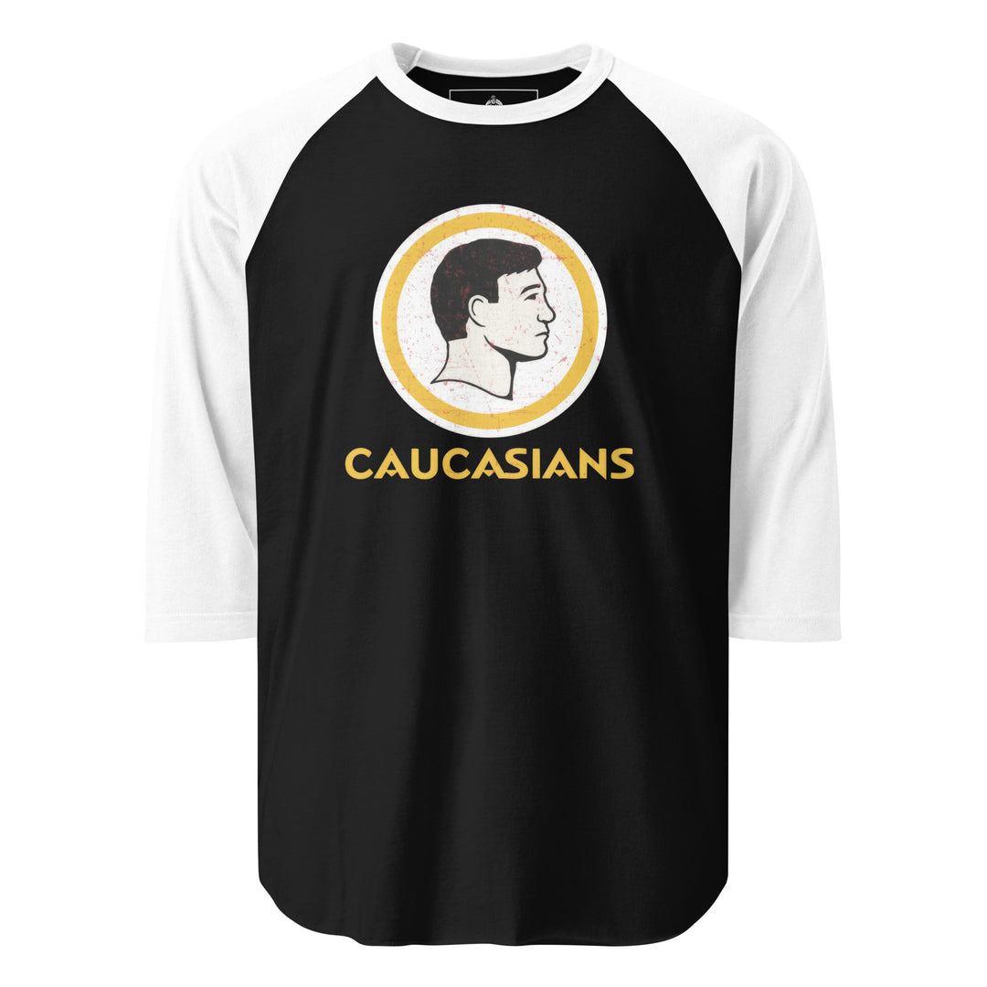 Caucasians — a parody of a vintage sports-team logo showing a slick-haired white man's profile in a circle, reading Caucasians, printed on a 3/4 sleeve raglan shirt.
