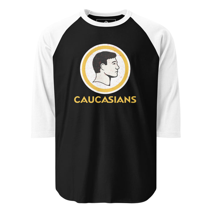 Caucasians — a parody of a vintage sports-team logo showing a slick-haired white man's profile in a circle, reading Caucasians, printed on a 3/4 sleeve raglan shirt.