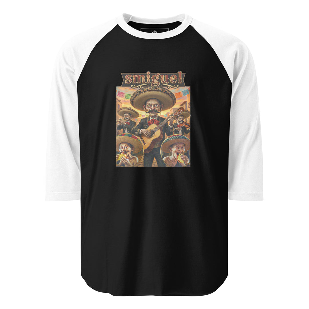 Smiguel — Gollum-like mariachi characters in sombreros eating tacos, captioned Smiguel, printed on a 3/4 sleeve raglan shirt.