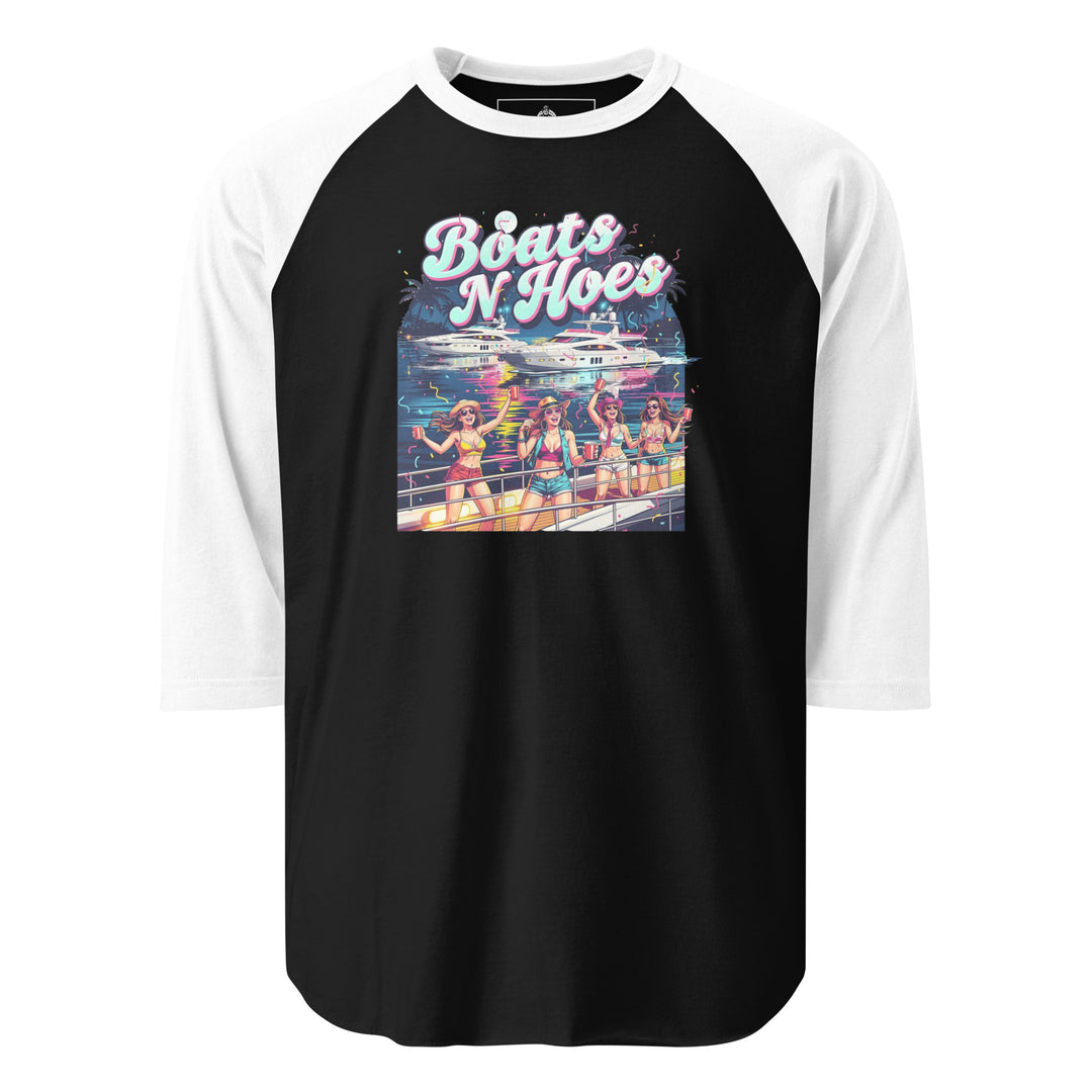Boats N Hoes — a neon Miami-style yacht party with women in bikinis holding red cups, captioned Boats N Hoes, printed on a 3/4 sleeve raglan shirt.