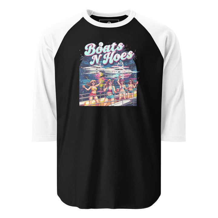 Boats N Hoes — a neon Miami-style yacht party with women in bikinis holding red cups, captioned Boats N Hoes, printed on a 3/4 sleeve raglan shirt.