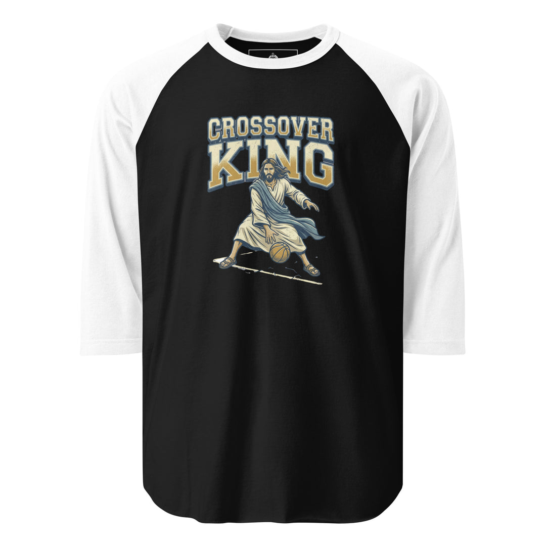 Jesus Crossover King — Jesus playing basketball as the Crossover King with a halo, printed on a 3/4 sleeve raglan shirt.