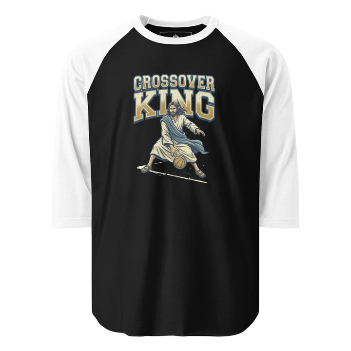 Jesus Crossover King — Jesus playing basketball as the Crossover King with a halo, printed on a 3/4 sleeve raglan shirt.