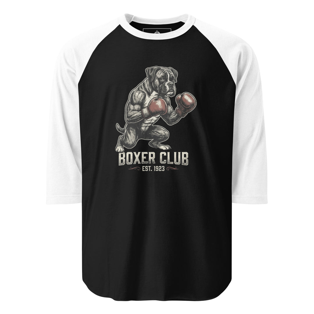 Boxer Club — a muscular boxer dog standing upright with red boxing gloves, reading Boxer Club Est 1923, printed on a 3/4 sleeve raglan shirt.