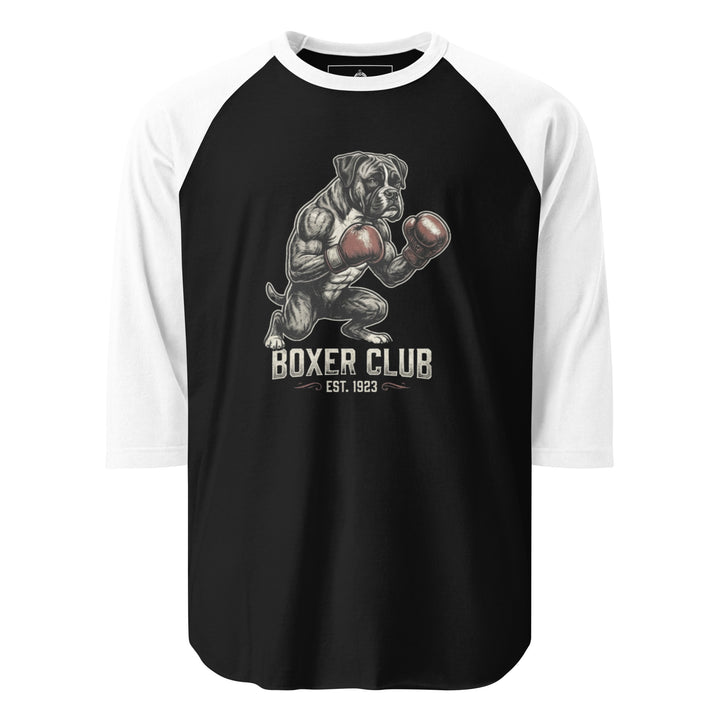 Boxer Club — a muscular boxer dog standing upright with red boxing gloves, reading Boxer Club Est 1923, printed on a 3/4 sleeve raglan shirt.