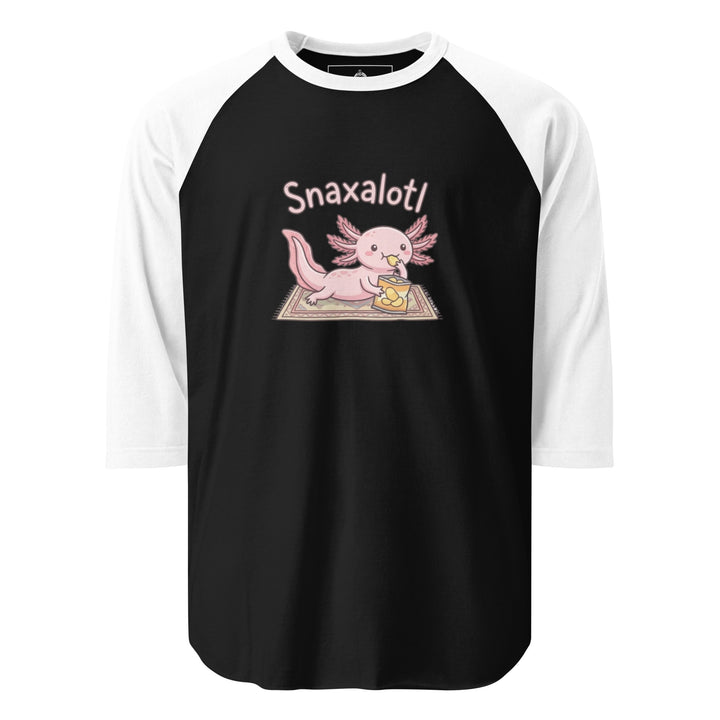 Snaxalotl — a pink axolotl eating a bag of chips on a rug, captioned Snaxalotl, printed on a 3/4 sleeve raglan shirt.