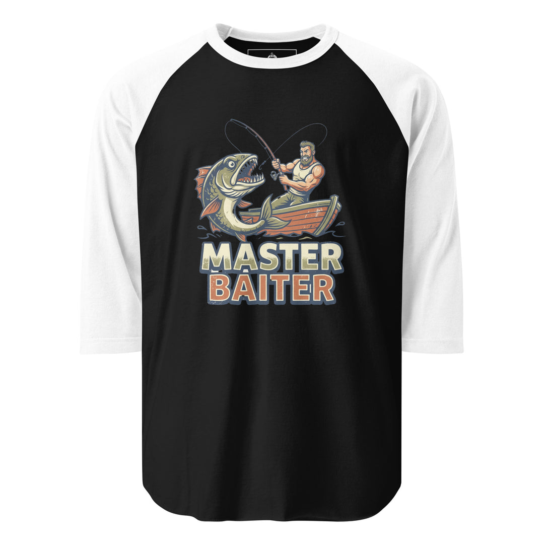 Master Baiter — a muscular fisherman in a boat reeling in a huge fish, with bold Master Baiter lettering, printed on a 3/4 sleeve raglan shirt.