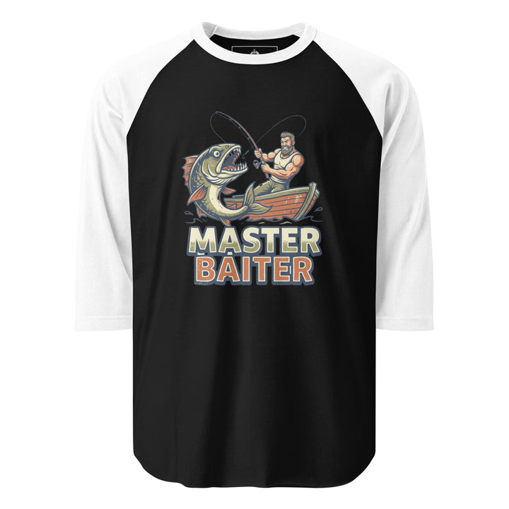 Master Baiter — a muscular fisherman in a boat reeling in a huge fish, with bold Master Baiter lettering, printed on a 3/4 sleeve raglan shirt.