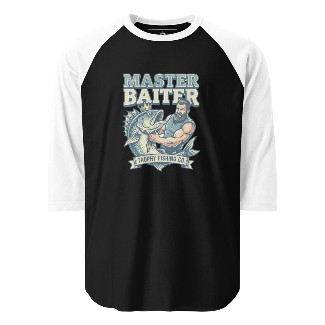 Master Baiter — a muscular bearded fisherman flexing next to a big trophy fish, with a Master Baiter Trophy Fishing Co. badge, printed on a 3/4 sleeve raglan shirt.
