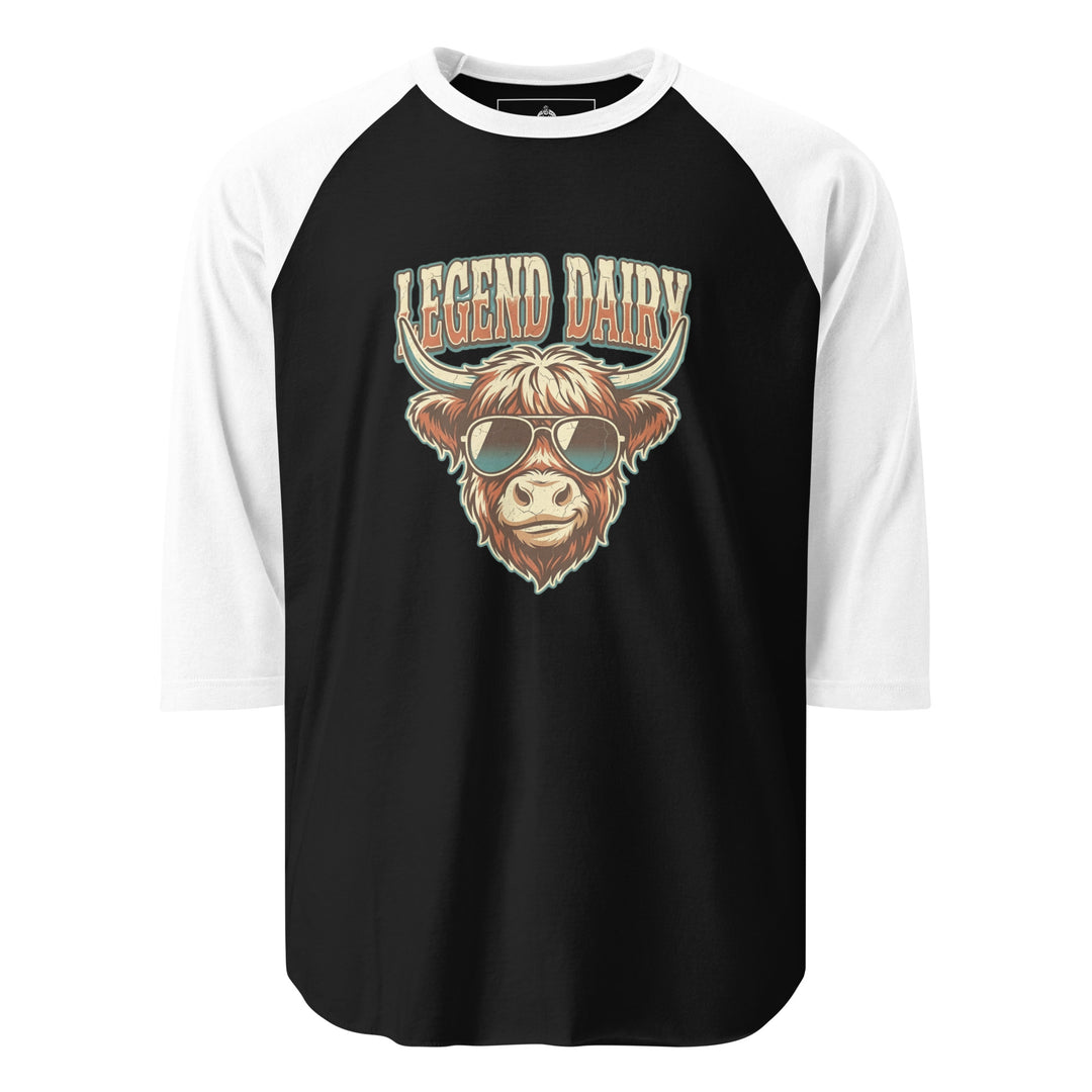Legend Dairy — a Highland cow wearing sunglasses in a retro badge, captioned Legend Dairy, printed on a 3/4 sleeve raglan shirt.