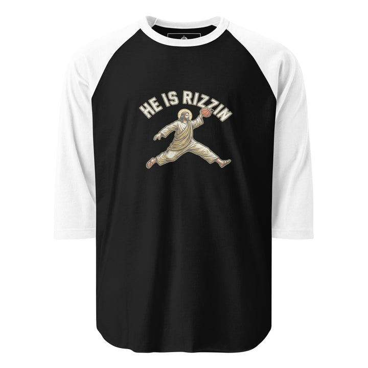 He Is Rizzin — Jesus doing a Jordan-style basketball dunk with a halo, captioned He Is Rizzin, printed on a 3/4 sleeve raglan shirt.
