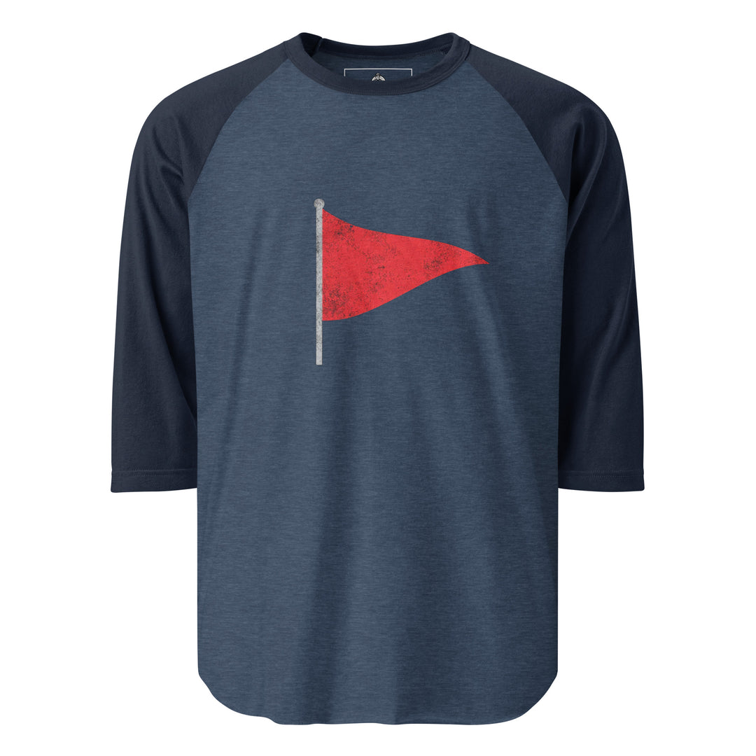 Red Flag — a single distressed red pennant flag on a pole, printed on a 3/4 sleeve raglan shirt.