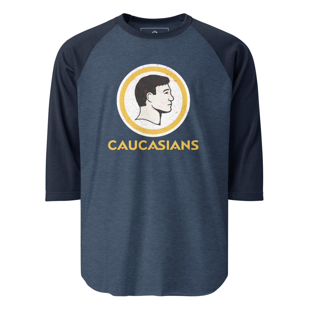 Caucasians — a parody of a vintage sports-team logo showing a slick-haired white man's profile in a circle, reading Caucasians, printed on a 3/4 sleeve raglan shirt.