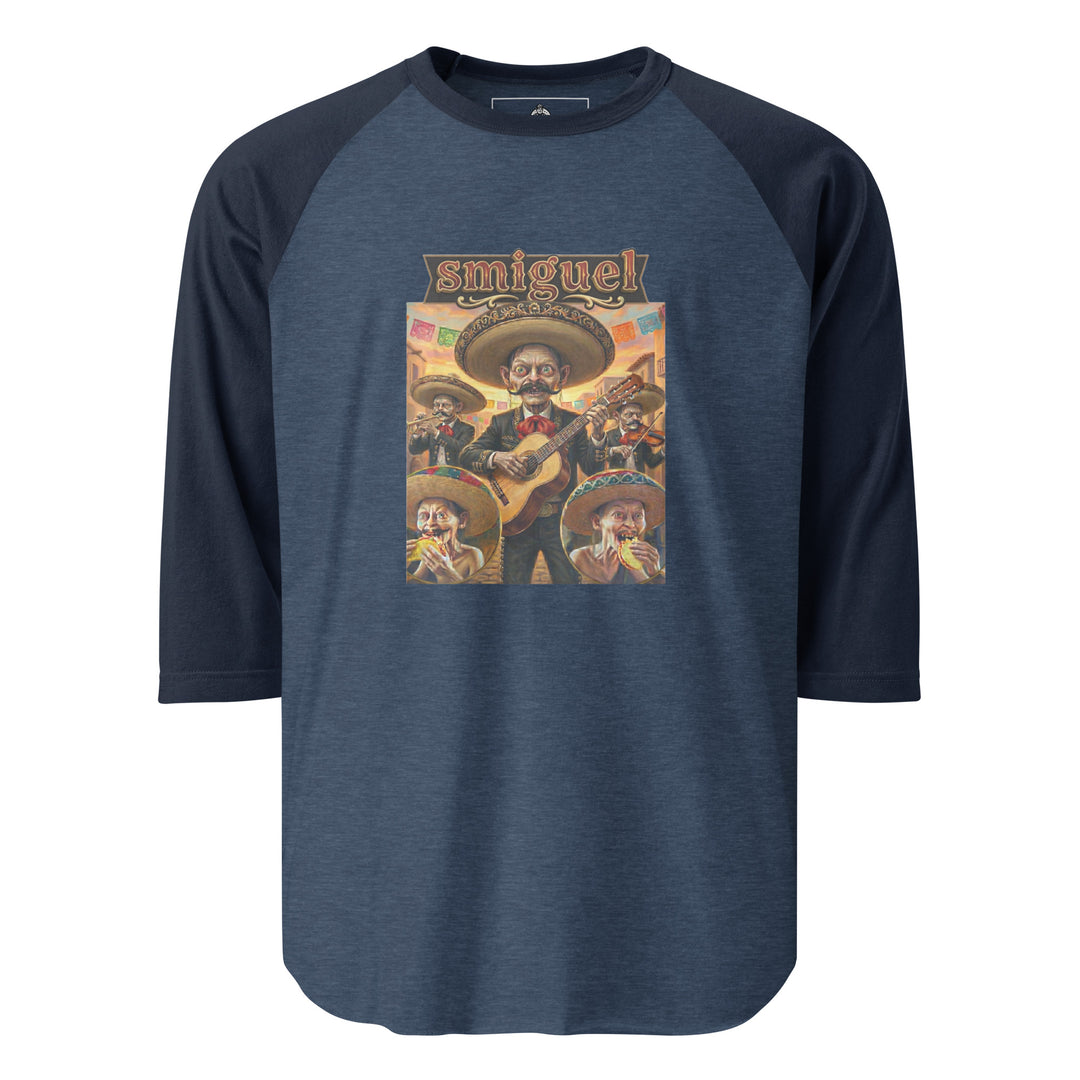 Smiguel — Gollum-like mariachi characters in sombreros eating tacos, captioned Smiguel, printed on a 3/4 sleeve raglan shirt.