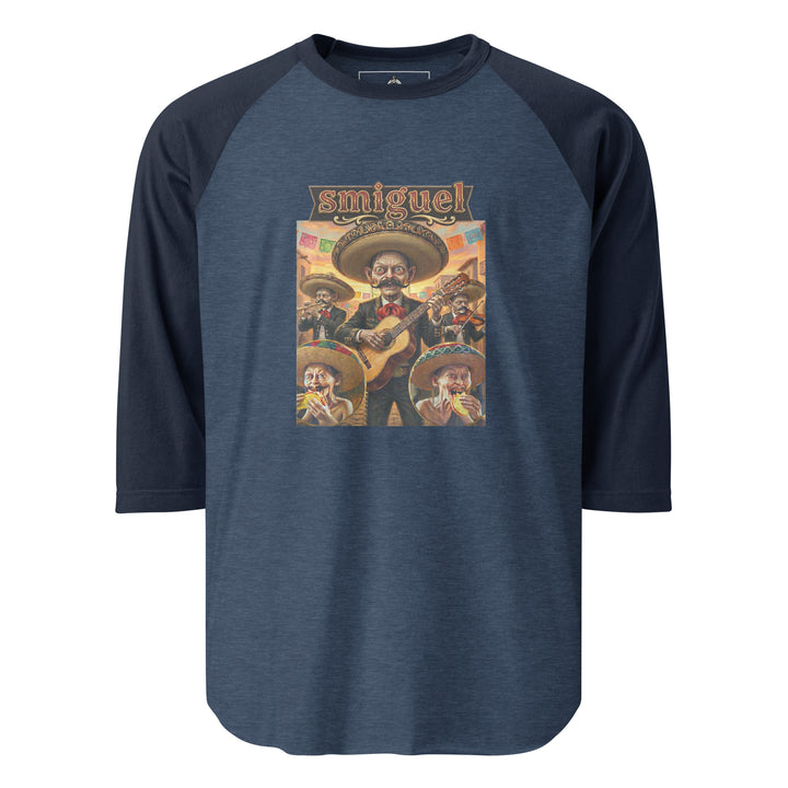 Smiguel — Gollum-like mariachi characters in sombreros eating tacos, captioned Smiguel, printed on a 3/4 sleeve raglan shirt.