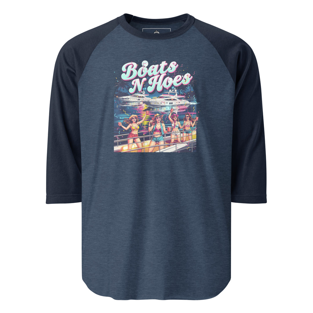 Boats N Hoes — a neon Miami-style yacht party with women in bikinis holding red cups, captioned Boats N Hoes, printed on a 3/4 sleeve raglan shirt.