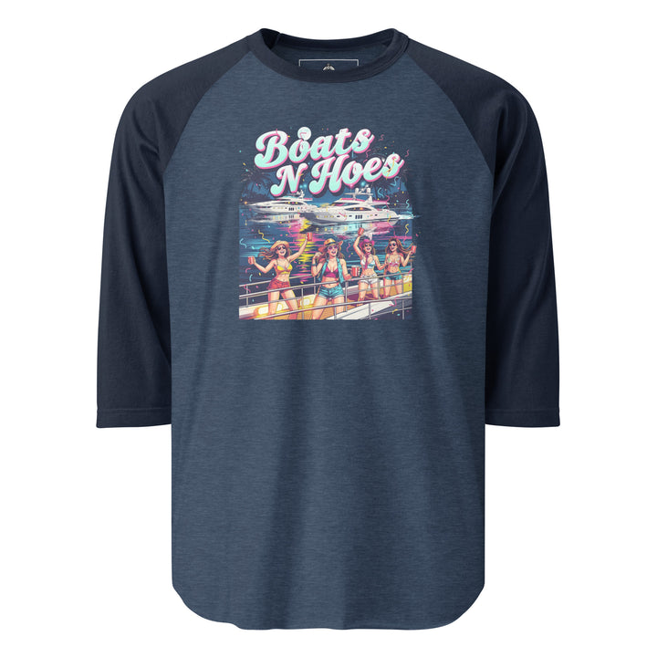 Boats N Hoes — a neon Miami-style yacht party with women in bikinis holding red cups, captioned Boats N Hoes, printed on a 3/4 sleeve raglan shirt.