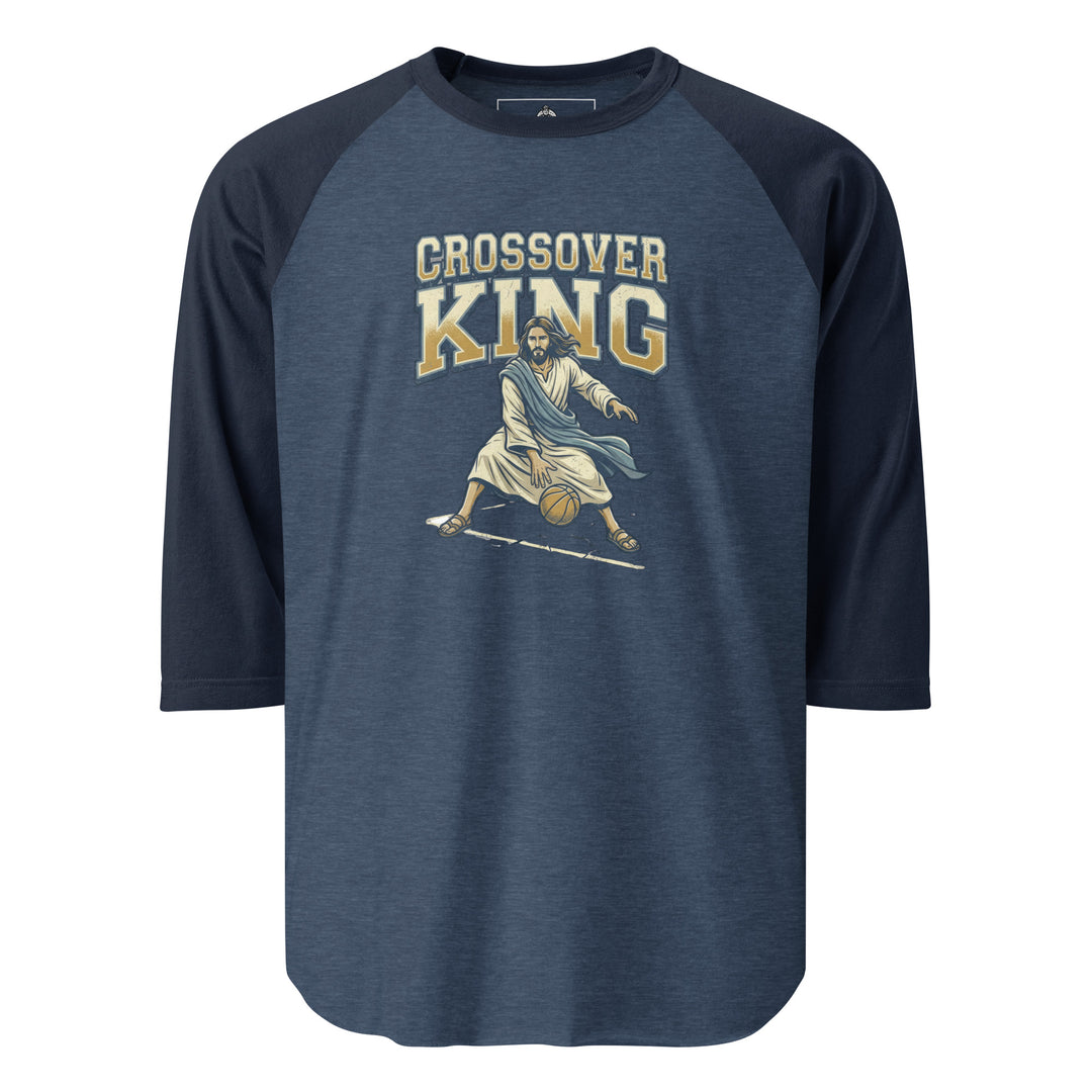 Jesus Crossover King — Jesus playing basketball as the Crossover King with a halo, printed on a 3/4 sleeve raglan shirt.