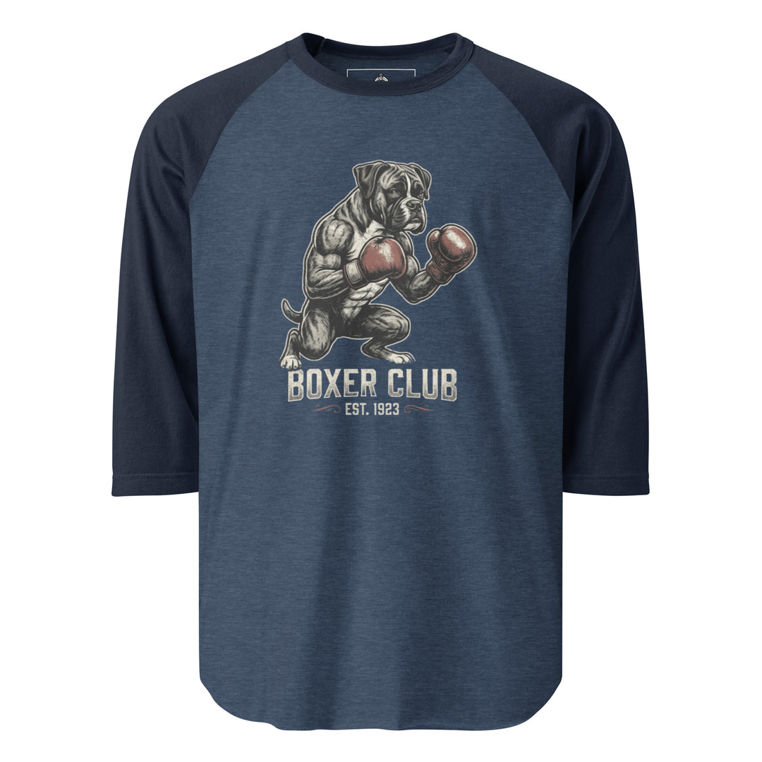 Boxer Club — a muscular boxer dog standing upright with red boxing gloves, reading Boxer Club Est 1923, printed on a 3/4 sleeve raglan shirt.