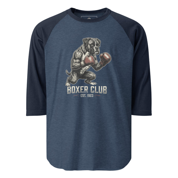Boxer Club — a muscular boxer dog standing upright with red boxing gloves, reading Boxer Club Est 1923, printed on a 3/4 sleeve raglan shirt.