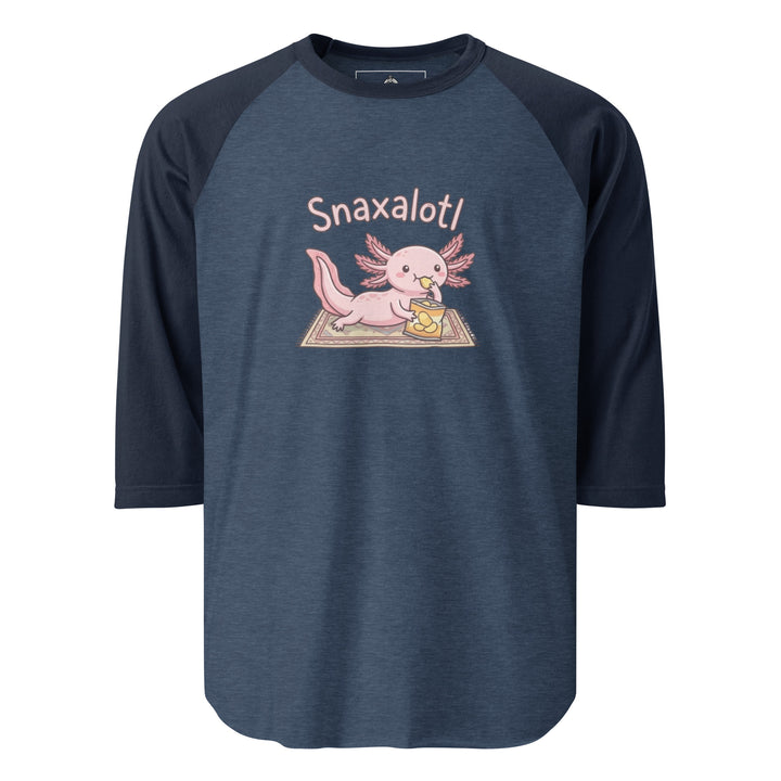Snaxalotl — a pink axolotl eating a bag of chips on a rug, captioned Snaxalotl, printed on a 3/4 sleeve raglan shirt.