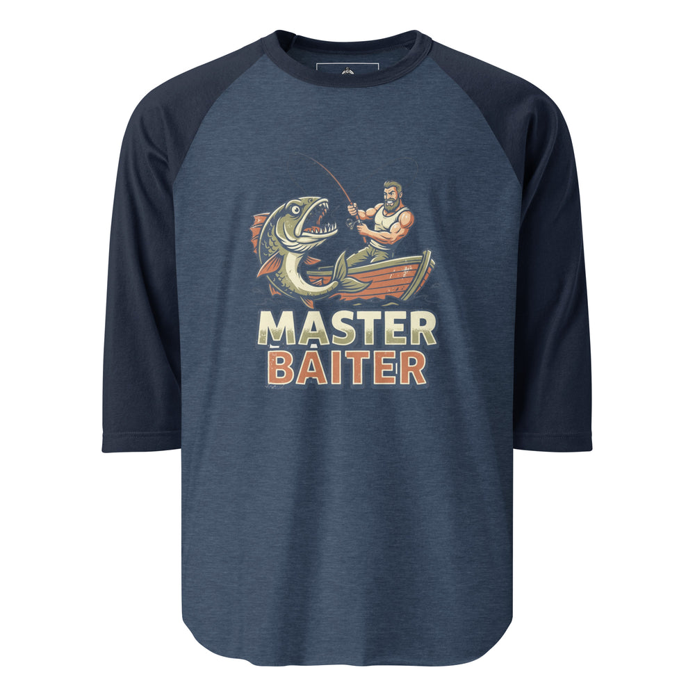 Master Baiter — a muscular fisherman in a boat reeling in a huge fish, with bold Master Baiter lettering, printed on a 3/4 sleeve raglan shirt.