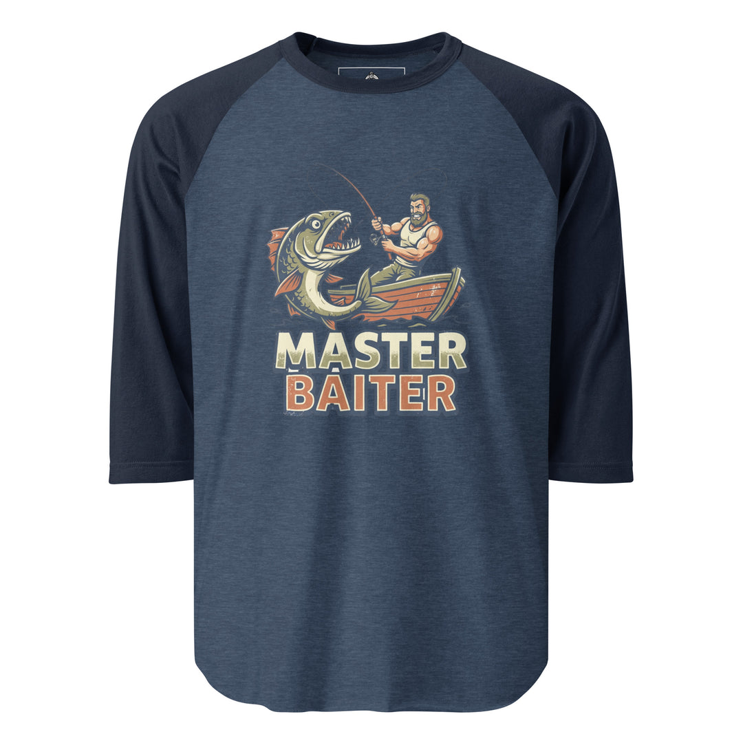 Master Baiter — a muscular fisherman in a boat reeling in a huge fish, with bold Master Baiter lettering, printed on a 3/4 sleeve raglan shirt.