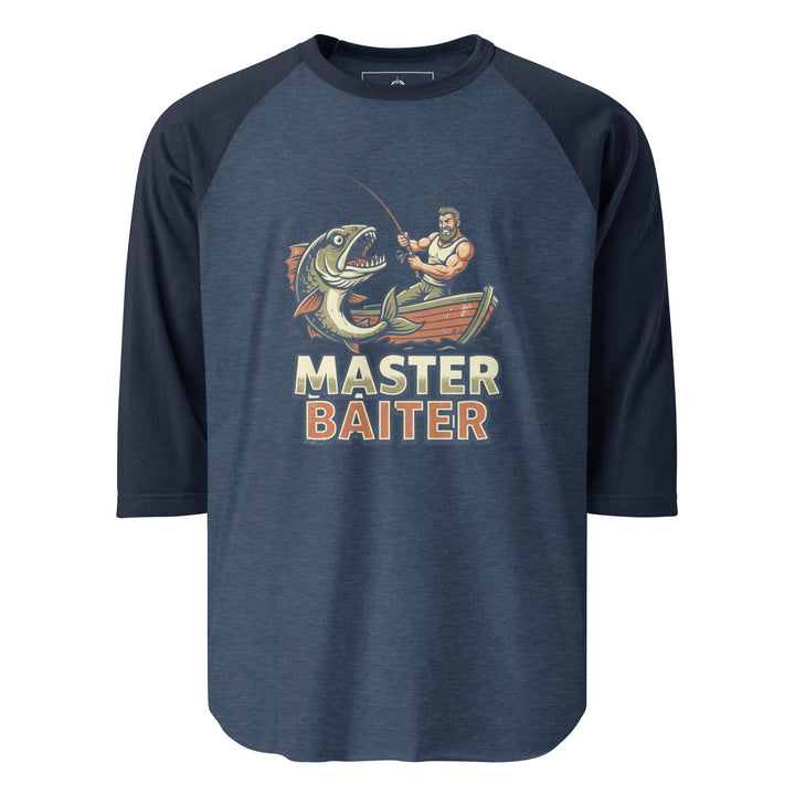 Master Baiter — a muscular fisherman in a boat reeling in a huge fish, with bold Master Baiter lettering, printed on a 3/4 sleeve raglan shirt.