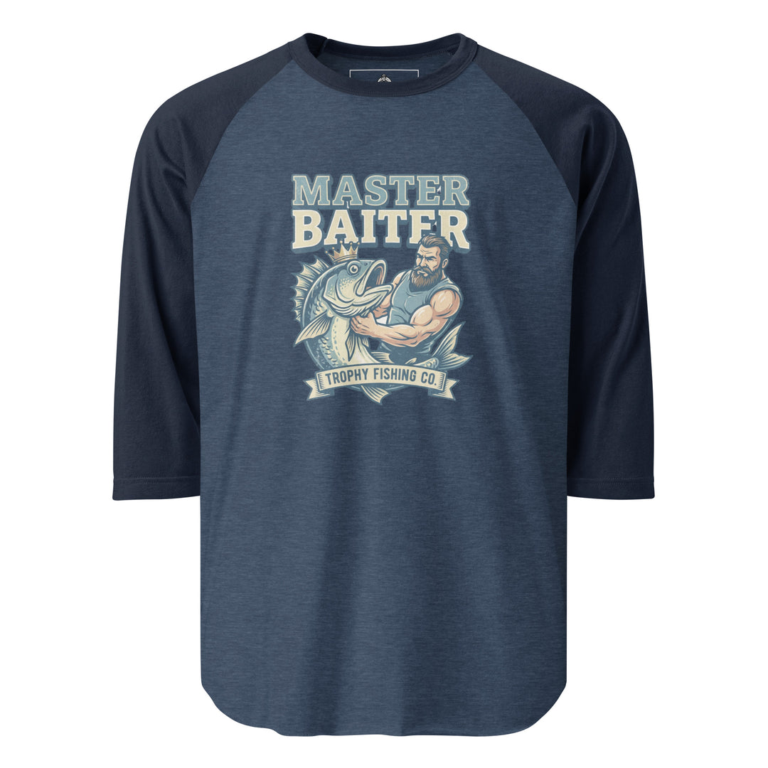 Master Baiter — a muscular bearded fisherman flexing next to a big trophy fish, with a Master Baiter Trophy Fishing Co. badge, printed on a 3/4 sleeve raglan shirt.