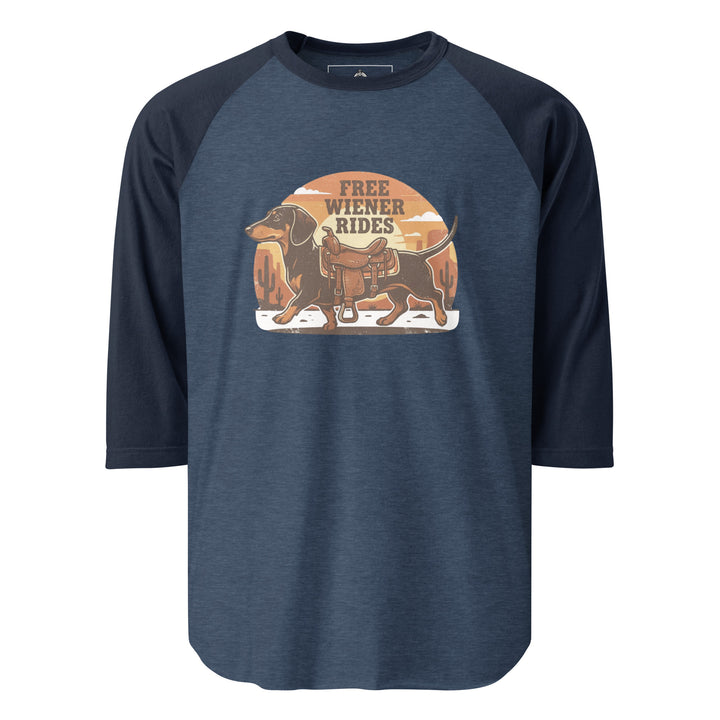 Free Wiener Rides — a dachshund wearing a western saddle in a desert sunset, captioned Free Wiener Rides, printed on a 3/4 sleeve raglan shirt.