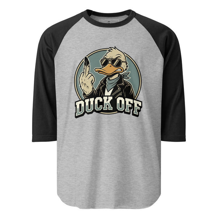 Duck Off funny pun graphic tee — duck in aviator sunglasses and leather jacket raising a middle feather